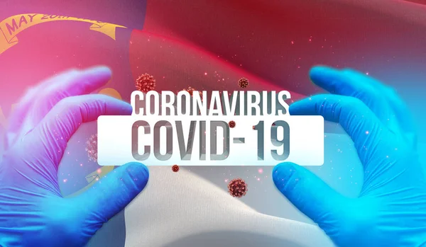 Concetto medico di epidemia pandemica di Coronavirus COVID-19 con sfondo di bandiera sventolante degli Stati Uniti. Stato della Carolina del Nord bandiera 3D illustrazione . — Foto Stock