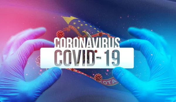 Ιατρική έννοια της πανδημίας Coronavirus COVID-19 ξέσπασμα με backgroung κυματίζει σημαία των κρατών των ΗΠΑ. Σημαία της Βόρειας Ντακότα 3D εικονογράφηση. — Φωτογραφία Αρχείου