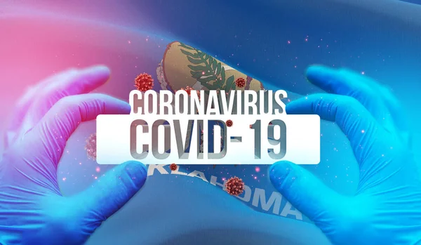 Medical Concept of pandemic Coronavirus COVID-19 outbreak with backgroung of waving flag of the states of USA. State of Oklahoma flag 3D illustration. — Stock Photo, Image