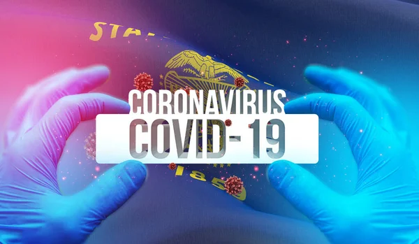 Ιατρική έννοια της πανδημίας Coronavirus COVID-19 ξέσπασμα με backgroung κυματίζει σημαία των κρατών των ΗΠΑ. Σημαία του Όρεγκον 3D εικονογράφηση. — Φωτογραφία Αρχείου