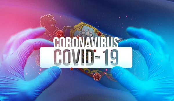 Medical Concept of pandemic Coronavirus COVID-19 disease with backgroung of waving flag of the States of USA. 3D ilustrace státu Pensylvánie. — Stock fotografie