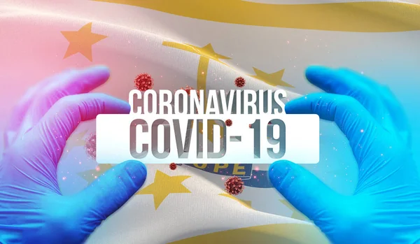 Medical Concept of pandemic Coronavirus COVID-19 outbreak with backgroung of waving flag of the states of USA. State of Rhode Island flag 3D illustration. — Stock Photo, Image