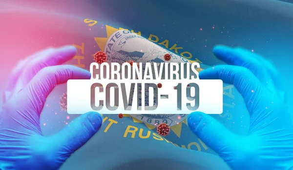 Medisch concept van pandemische Coronavirus COVID-19 uitbraak met achtergrond van zwaaiende vlag van de staten van de VS. Staat Zuid-Dakota vlag 3D illustratie. — Stockfoto