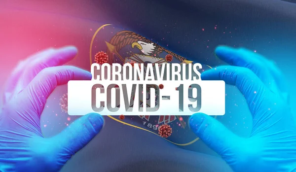 Medical Concept of pandemic Coronavirus COVID-19 disease with backgroung of waving flag of the States of USA. 3D ilustrace stavu vlajky Utahu. — Stock fotografie