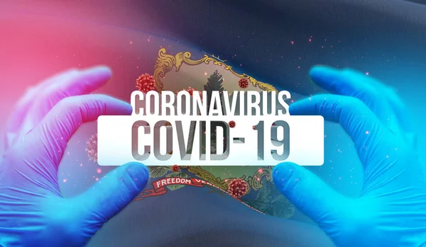 Ιατρική έννοια της πανδημίας Coronavirus COVID-19 ξέσπασμα με backgroung κυματίζει σημαία των κρατών των ΗΠΑ. Σημαία του Βερμόντ 3D απεικόνιση. — Φωτογραφία Αρχείου