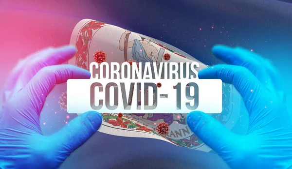 Медицинская вспышка пандемического коронавируса COVID-19 с развевающимся флагом штатов США. 3D-иллюстрация флага штата Виргиния . — стоковое фото