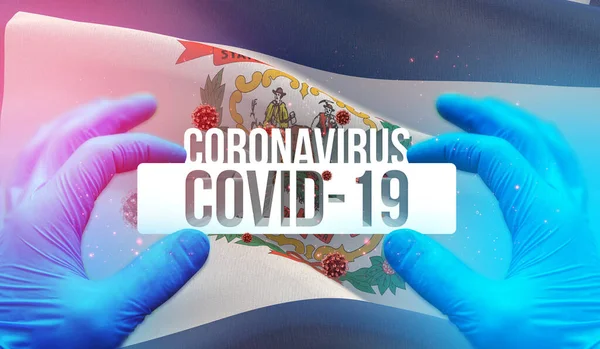 Concetto medico di epidemia pandemica di Coronavirus COVID-19 con sfondo di bandiera sventolante degli Stati Uniti. Stato della Virginia Occidentale bandiera 3D illustrazione . — Foto Stock