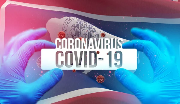 Medical Concept of pandemic Coronavirus COVID-19 outbreak with backgroung of waving flag of the states of USA. State of Wyoming flag 3D illustration. — Stock Photo, Image