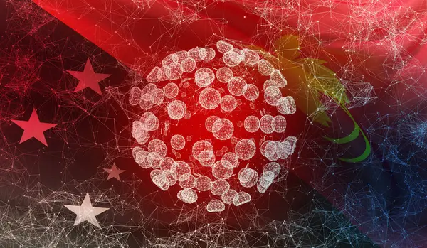 Papua Yeni Gine bayrağıyla tıbbi virüs moleküler konsepti. Salgın 3 boyutlu illüstrasyon. — Stok fotoğraf