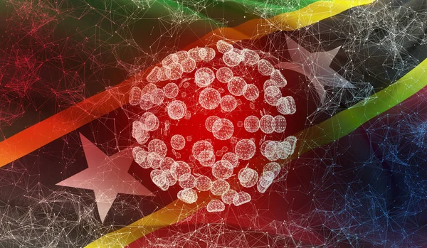 Saint Kitts ve Nevis bayrağıyla tıbbi virüs moleküler konsepti. Salgın 3 boyutlu illüstrasyon. — Stok fotoğraf