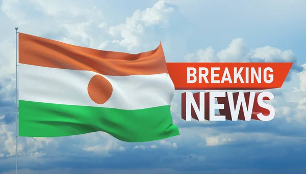 Eilmeldungen. Weltnachrichten mit Backgorund, der die Nationalflagge Nigers schwenkt. 3D-Illustration. — Stockfoto