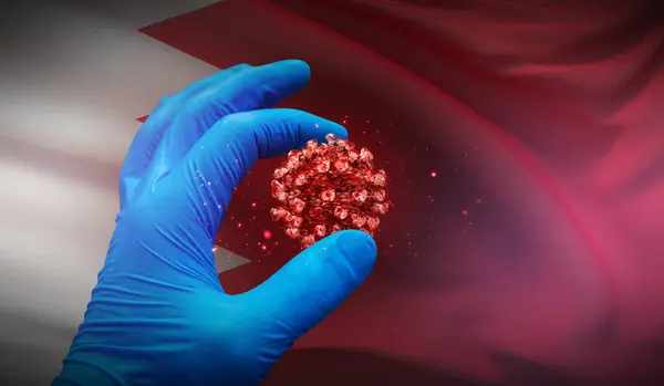 Tıbbi eldivendeki bir el, Bahreyn 'in arka planındaki bir molekül, tıbbi bilim konseptini barındırır. 3B illüstrasyon. — Stok fotoğraf
