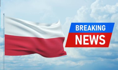 Son dakika haberi. Polonya 'nın ulusal bayrağını sallayan sırt çantalı dünya haberleri. 3B illüstrasyon.
