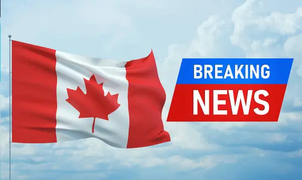 Eilmeldungen. Weltnachrichten mit Backgorund, der die kanadische Nationalflagge schwenkt. 3D-Illustration. — Stockfoto