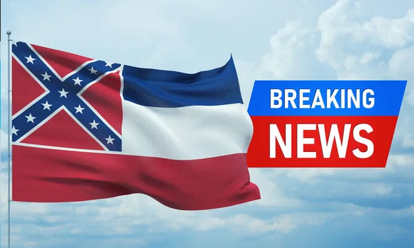 Breaking news. World news with background waving flag of the states of USA. State of Mississippi flag. Pandemic 3D illustration. — Stock Photo, Image