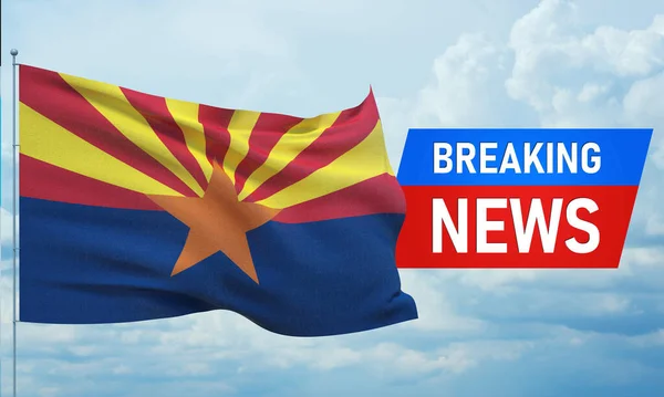 Son dakika haberi. ABD 'nin arka planında bayrak sallayan dünya haberleri. Arizona Eyaleti bayrağı. Salgın 3 boyutlu illüstrasyon.