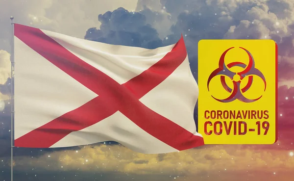 COVID-19 Concetto visivo - Coronavirus COVID-19 segno di rischio biologico con bandiere degli Stati Uniti. Bandiera dell'Alabama. Pandemia stop Novel Coronavirus focolaio covid-19 Illustrazione 3D . — Foto Stock