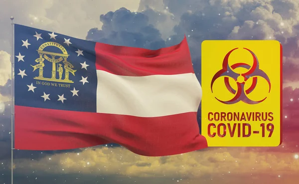 COVID-19 Concetto visivo - Coronavirus COVID-19 segno di rischio biologico con bandiere degli Stati Uniti. Bandiera dello Stato della Georgia. Pandemia stop Novel Coronavirus focolaio covid-19 Illustrazione 3D . — Foto Stock