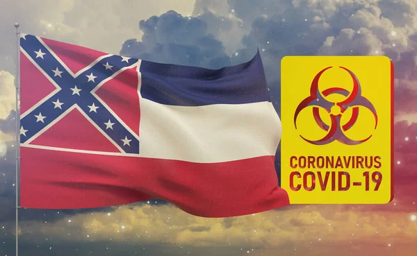 COVID-19 Concetto visivo - Coronavirus COVID-19 segno di rischio biologico con bandiere degli Stati Uniti. Bandiera dello Stato del Mississippi. Pandemia stop Novel Coronavirus focolaio covid-19 Illustrazione 3D . — Foto Stock