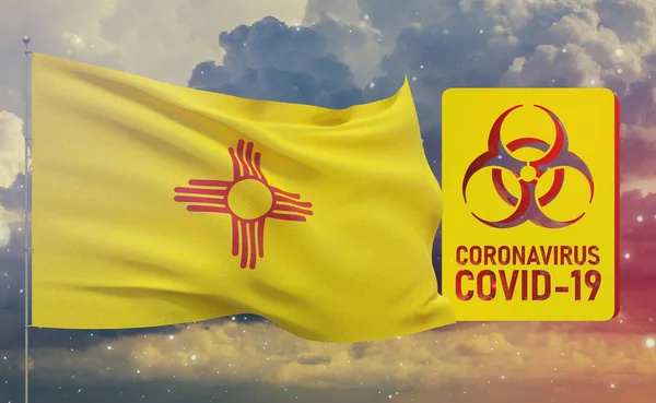COVID-19 Visuelles Konzept - Coronavirus COVID-19 Biohazard Zeichen mit Flaggen der Bundesstaaten der USA. Flagge des Bundesstaates New Mexico. Pandemie stoppt neuartigen Coronavirus-Ausbruch covid-19 3D-Illustration. — Stockfoto