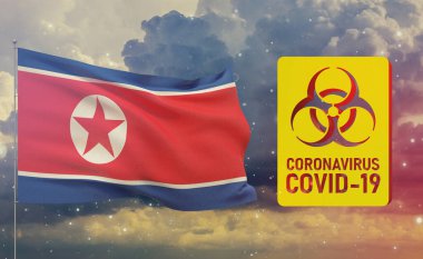 COVID-19 Görsel konsept Coronavirus COVID-19 Kuzey Kore bayrağıyla imzalanmış. Salgın 3 boyutlu illüstrasyon.