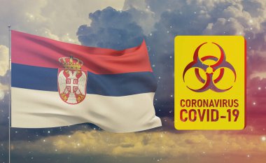 COVID-19 Visual concept - Coronavirus COVID-19 biohazard sign with flag of Serbia. Pandemic 3D illustration. clipart