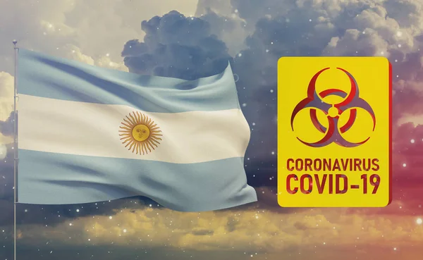 COVID-19 Concetto visivo - Coronavirus COVID-19 segno di rischio biologico con bandiera argentina. Illustrazione 3D pandemica . — Foto Stock
