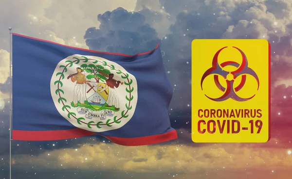 COVID-19 Visueel concept - Coronavirus COVID-19 biologisch gevarenbord met vlag van Belize. Pandemische 3D illustratie. — Stockfoto