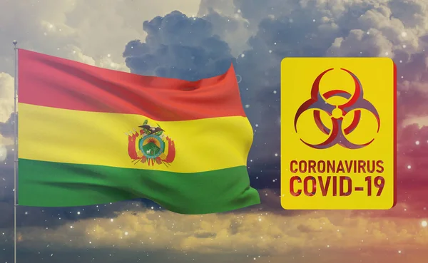 COVID-19 Concetto visivo - Coronavirus COVID-19 segno di rischio biologico con bandiera della Bolivia. Illustrazione 3D pandemica . — Foto Stock