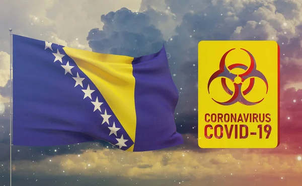 COVID-19 Concetto visivo - Coronavirus COVID-19 segno di pericolo biologico con bandiera della Bosnia ed Erzegovina. Illustrazione 3D pandemica . — Foto Stock