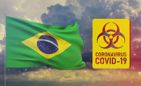 COVID-19 Visuelles Konzept - Coronavirus COVID-19 Biohazard-Zeichen mit brasilianischer Flagge. 3D-Abbildung zur Pandemie. — Stockfoto