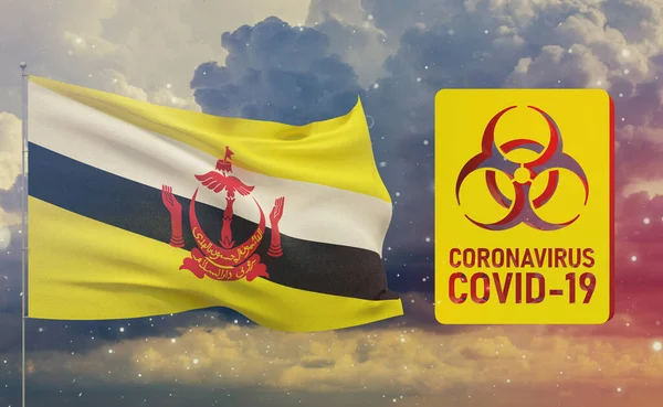 COVID-19 Concetto visivo - Coronavirus COVID-19 segno di rischio biologico con bandiera del Brunei. Illustrazione 3D pandemica . — Foto Stock