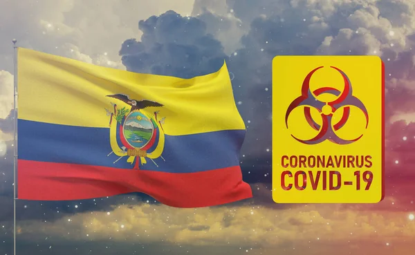 COVID-19 Visuelles Konzept - Coronavirus COVID-19 Biohazard Zeichen mit Flagge Ecuadors. 3D-Abbildung zur Pandemie. — Stockfoto