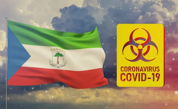 COVID-19 Concetto visivo - Coronavirus COVID-19 segno di rischio biologico con bandiera della Guinea Equatoriale. Illustrazione 3D pandemica . — Foto Stock