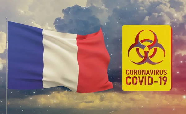 COVID-19视觉概念-带有法国国旗的Coronavirus COVID-19生物危害标志。大流行病3D说明. — 图库照片