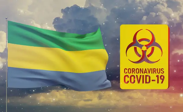 COVID-19 Visuelles Konzept - Coronavirus COVID-19 Biohazard Sign mit der Flagge Gabuns. 3D-Abbildung zur Pandemie. — Stockfoto
