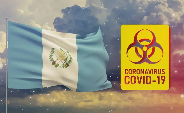 COVID-19 Visueel concept - Coronavirus COVID-19 biologisch gevarenbord met vlag van Guatemala. Pandemische 3D illustratie. — Stockfoto