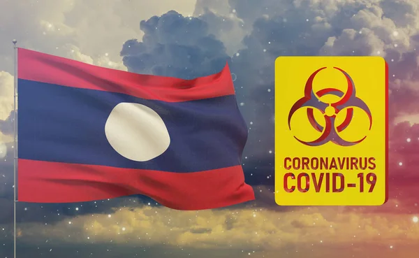 COVID-19 Visuelles Konzept - Coronavirus COVID-19 Biohazard Schild mit laotischer Flagge. 3D-Abbildung zur Pandemie. — Stockfoto