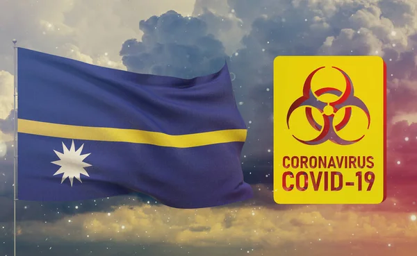 COVID-19 Visuelles Konzept - Coronavirus COVID-19 Biohazard Zeichen mit der Flagge von Nauru. 3D-Abbildung zur Pandemie. — Stockfoto