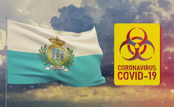 COVID-19 Concetto visivo - Coronavirus COVID-19 segno di pericolo biologico con bandiera di San Marino. Illustrazione 3D pandemica . — Foto Stock