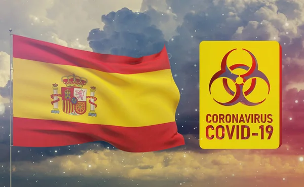 COVID-19 Vizuális koncepció - Coronavirus COVID-19 biológiai veszélyt jelző jelzés spanyol zászlóval. Pandémiás 3D illusztráció. — Stock Fotó