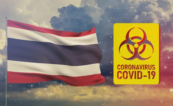 COVID-19 Visuelles Konzept - Coronavirus COVID-19 Biohazard Sign mit thailändischer Flagge. 3D-Abbildung zur Pandemie. — Stockfoto