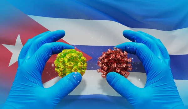 Molekulares medizinisches Virus-Konzept mit Flagge Kubas. 3D-Abbildung zur Pandemie. — Stockfoto