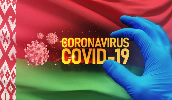 Coronavirus COVID-19 uitbraak concept, gezondheidsbedreigend virus, achtergrond zwaaien nationale vlag van Belarus. Pandemische stop Novel Coronavirus uitbraak covid-19 3D illustratie. — Stockfoto