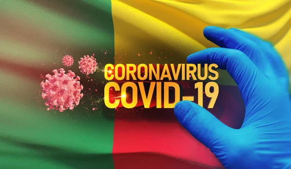 Coronavirus COVID-19 outbreak concept, health threatening virus, background waving national flag of Benin. Pandemic stop Novel Coronavirus outbreak covid-19 3D illustration. — Stock Photo, Image