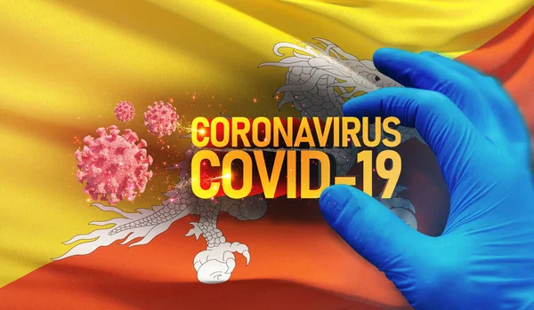 Coronavirus COVID-19 járványkitörés koncepció, egészséget veszélyeztető vírus, nemzeti zászlót lobogtató háttér Bhután. Pandémiás stop Novel Coronavirus járvány covid-19 3D illusztráció. — Stock Fotó