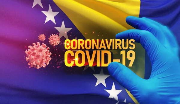 Coronavirus COVID-19 ιδέα επιδημίας, απειλητικός για την υγεία ιός, υπόβαθρο κυματίζει εθνική σημαία της Βοσνίας και Ερζεγοβίνης. Πανδημία stop Novel Coronavirus ξέσπασμα covid-19 3D εικονογράφηση. — Φωτογραφία Αρχείου