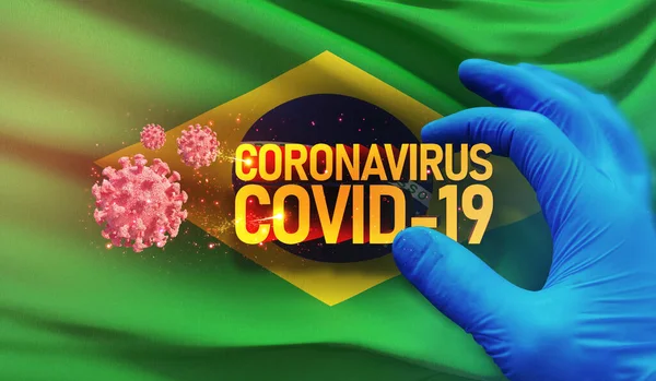 Coronavirus COVID-19 járványkitörés koncepció, egészséget veszélyeztető vírus, háttér lengő nemzeti zászló Brazília. Pandémiás stop Novel Coronavirus járvány covid-19 3D illusztráció. — Stock Fotó