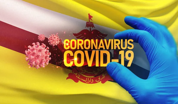 Coronavirus COVID-19 concepto de brote, virus que amenaza la salud, antecedentes ondeando la bandera nacional de Brunei. Detención pandémica Nuevo brote de Coronavirus covid-19 Ilustración 3D . —  Fotos de Stock