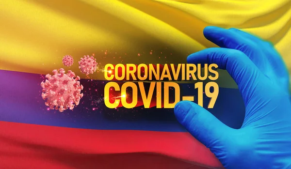 Coronavirus COVID-19 járványkitörés koncepció, egészséget veszélyeztető vírus, Kolumbia nemzeti zászlaját lobogtató háttér. Pandémiás stop Novel Coronavirus járvány covid-19 3D illusztráció. — Stock Fotó